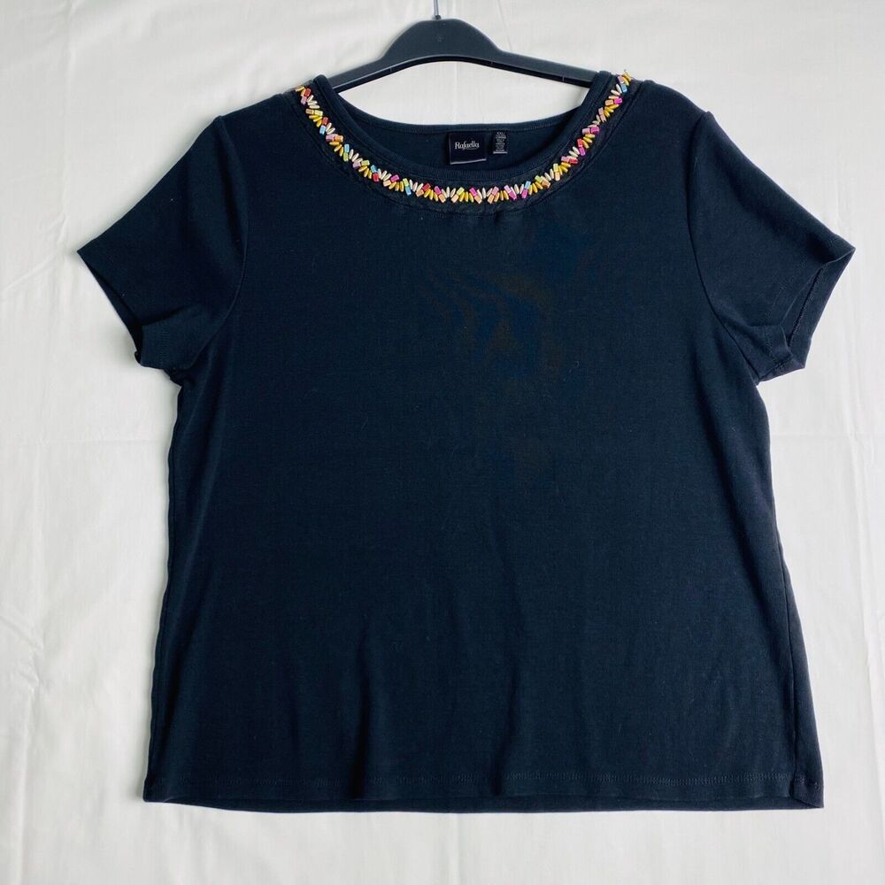 Rafaella Black Stone Embellished Crew Neck Short Sleeve Knit Top Woman XXL